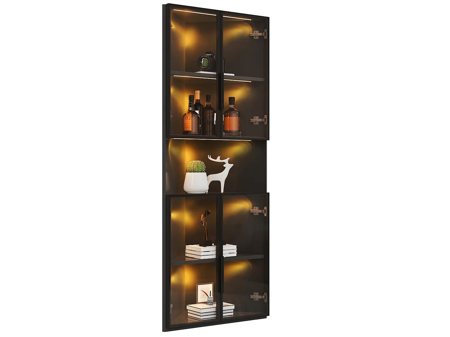 Vitrine d'angle triangulaire 62 x 32 x 160 cm avec LED et portes en verre - Noir