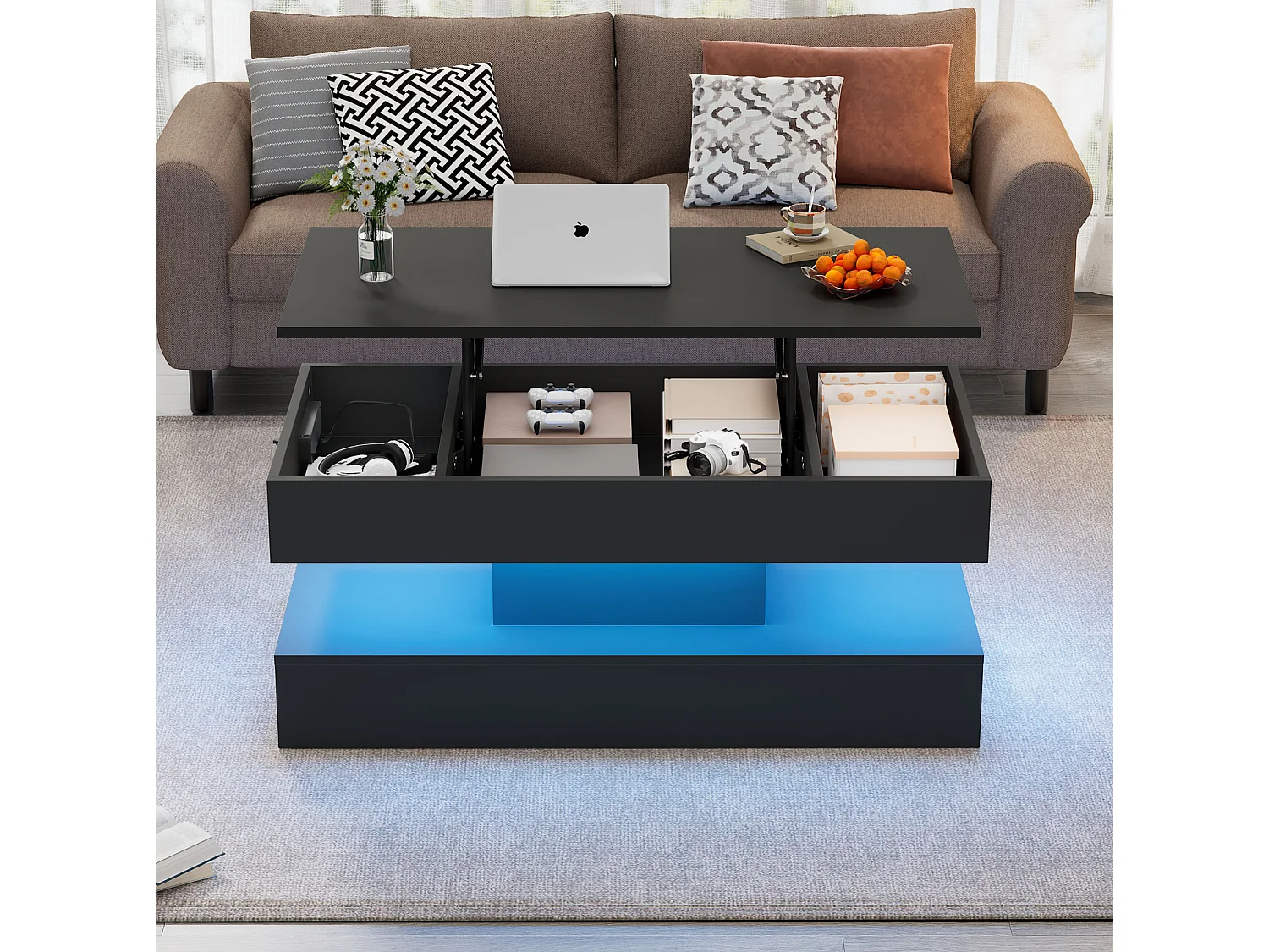 Table basse relevable avec prise, LED et rangement caché - Noir