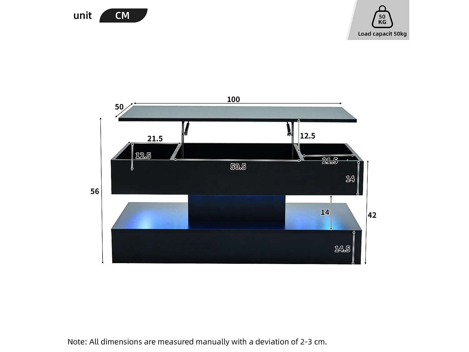 Table basse relevable avec prise, LED et rangement caché - Noir