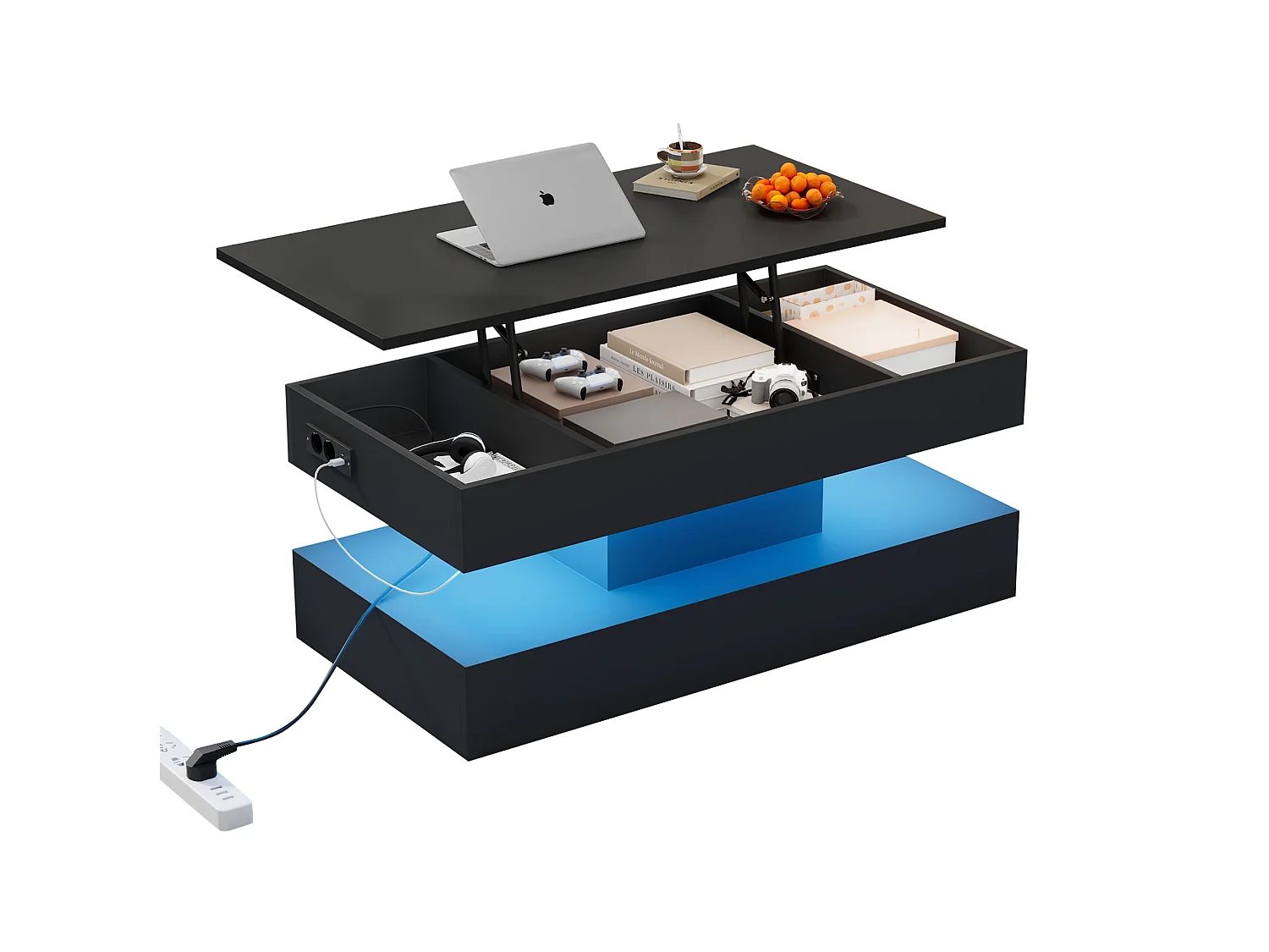 Table basse relevable avec prise, LED et rangement caché - Noir