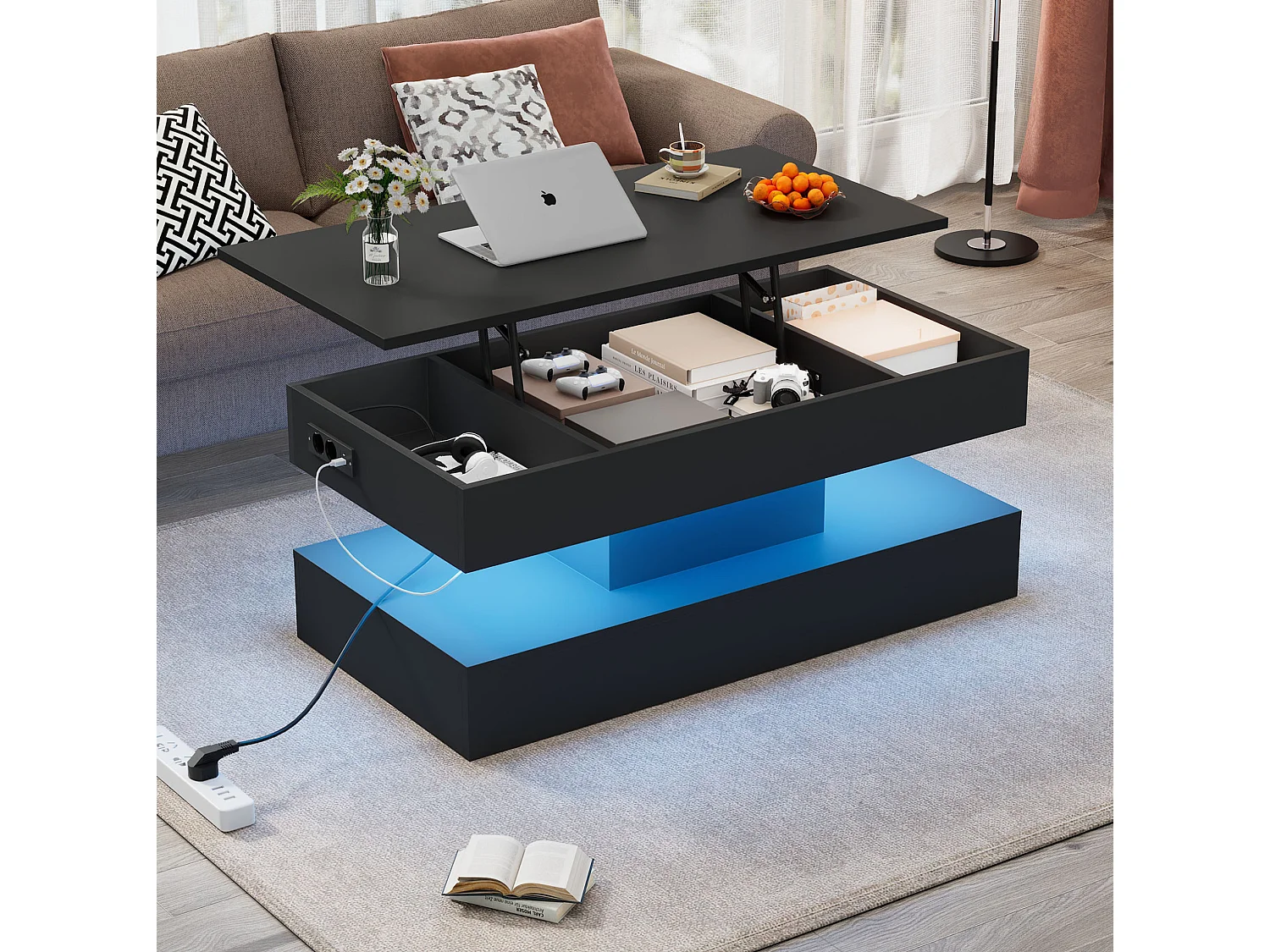 Table basse relevable avec prise, LED et rangement caché - Noir