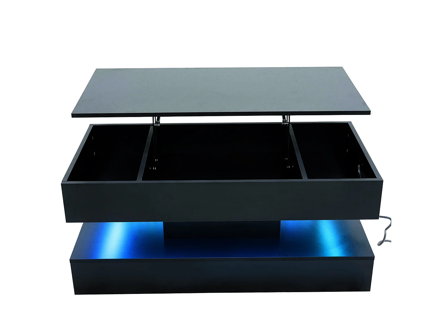 Table basse relevable avec prise, LED et rangement caché - Noir