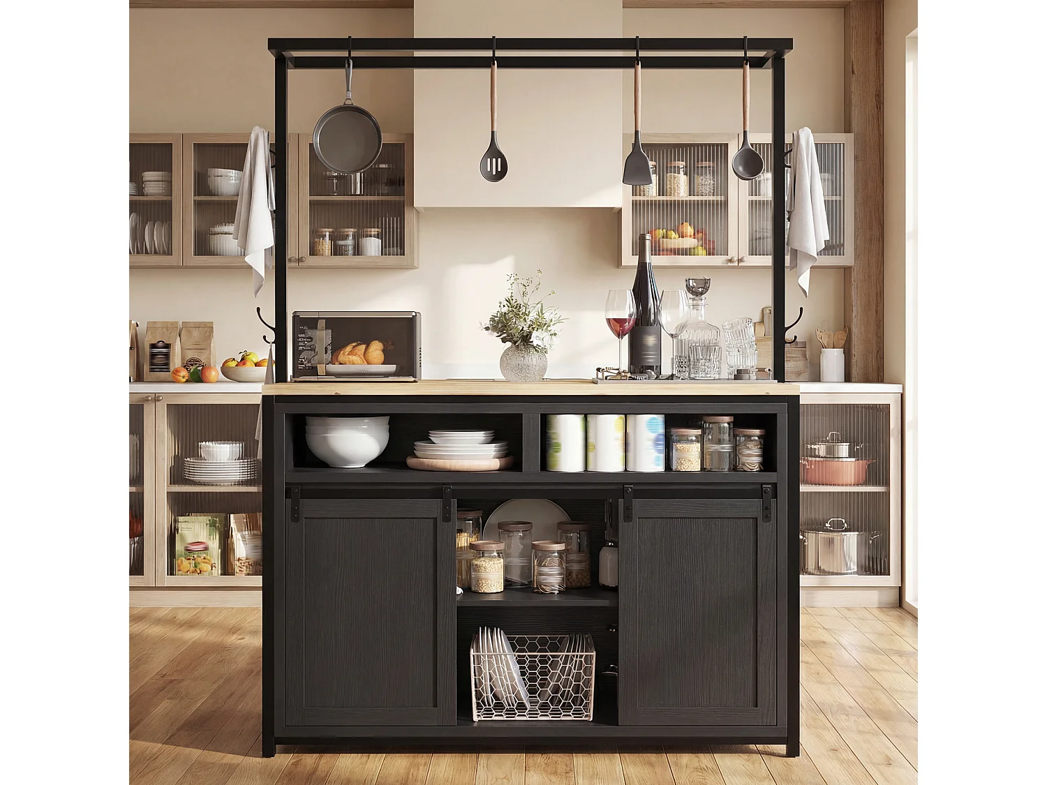 Îlot de cuisine 107x62x183 cm avec prises, étagères et portes coulissantes - Noir