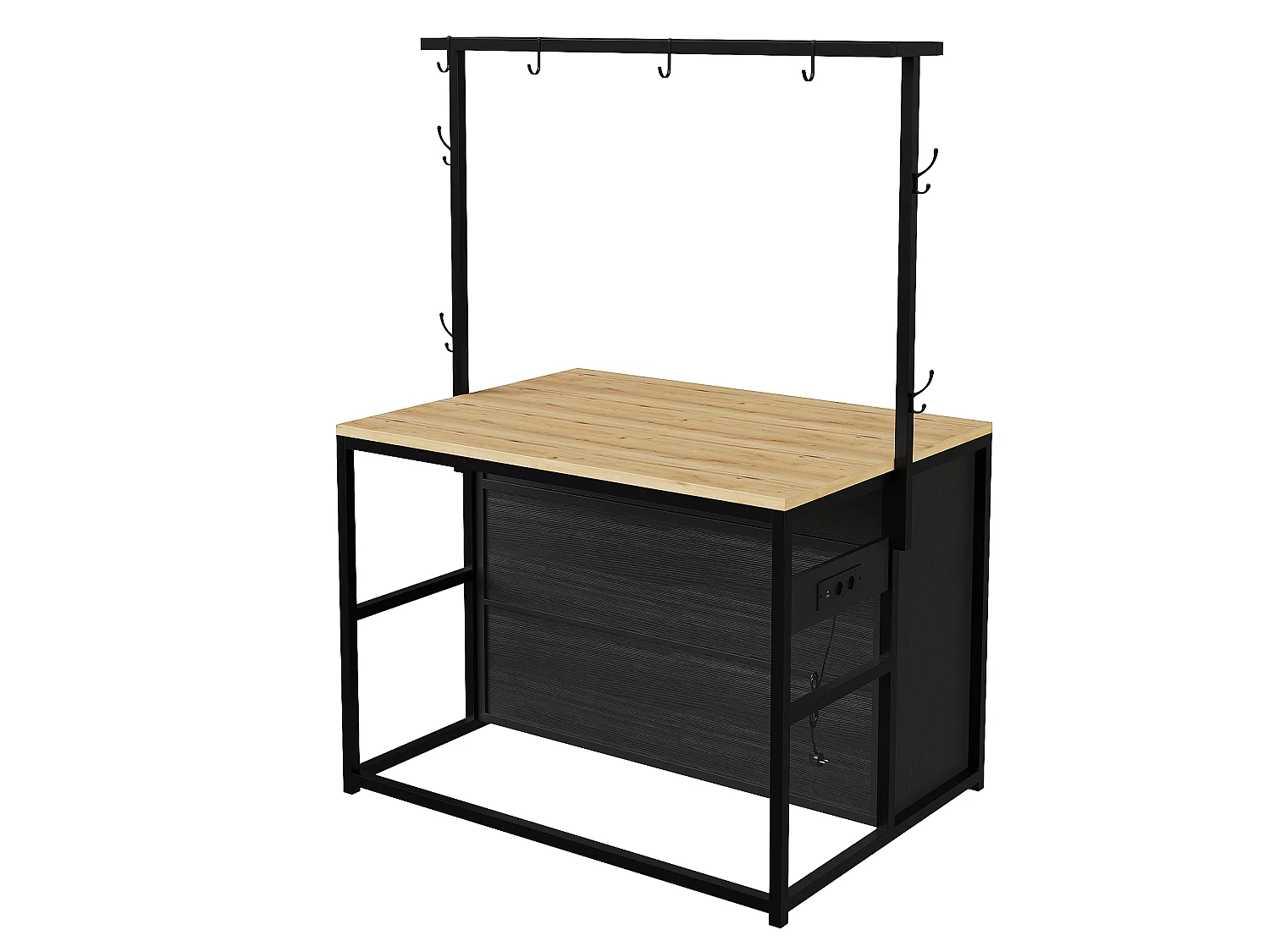 Îlot de cuisine 107x62x183 cm avec prises, étagères et portes coulissantes - Noir
