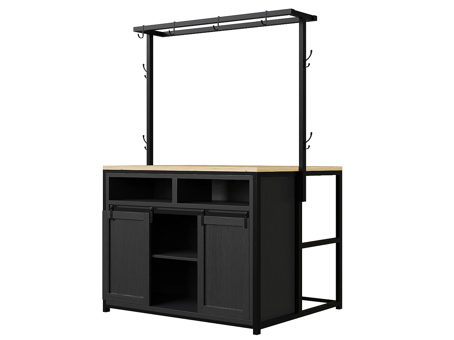 Îlot de cuisine 107x62x183 cm avec prises, étagères et portes coulissantes - Noir
