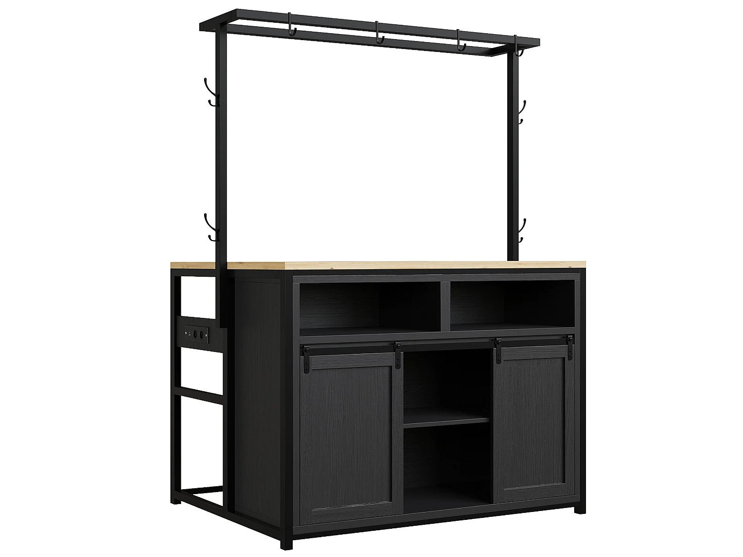 Îlot de cuisine 107x62x183 cm avec prises, étagères et portes coulissantes - Noir