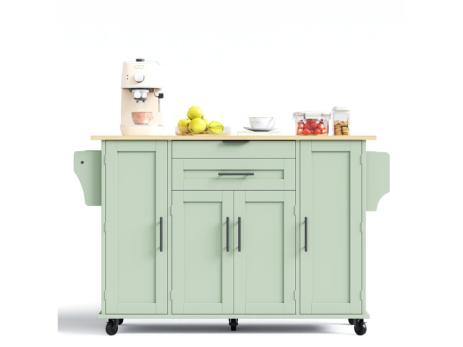Verrijdbaar keukeneiland 136 x 45 (70) cm met handdoekrek, 4 deuren en 2 lades - Groen