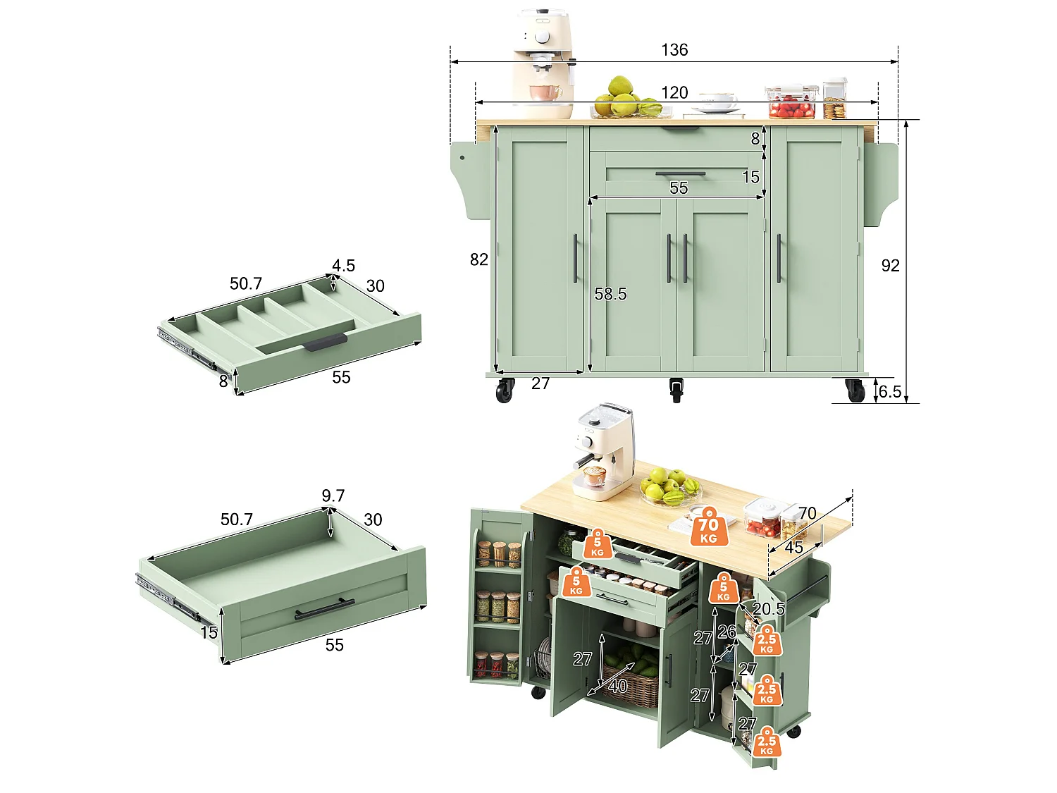 Verrijdbaar keukeneiland 136 x 45 (70) cm met handdoekrek, 4 deuren en 2 lades - Groen
