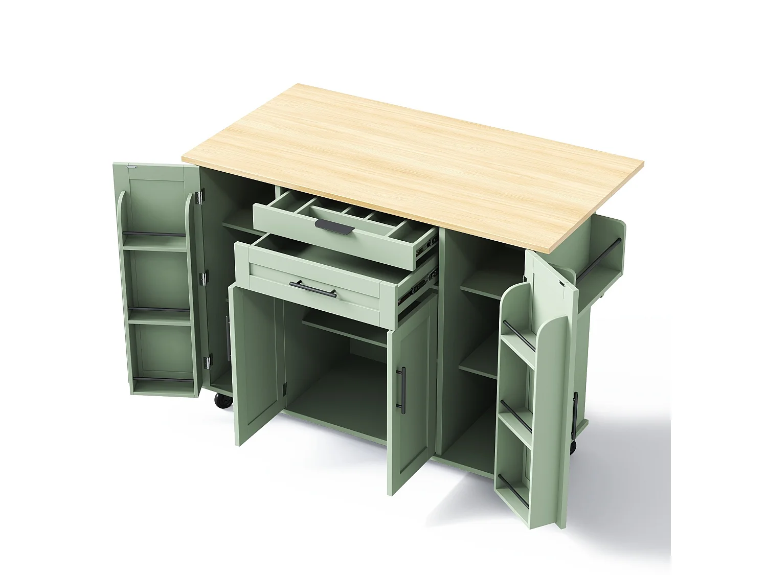 Verrijdbaar keukeneiland 136 x 45 (70) cm met handdoekrek, 4 deuren en 2 lades - Groen