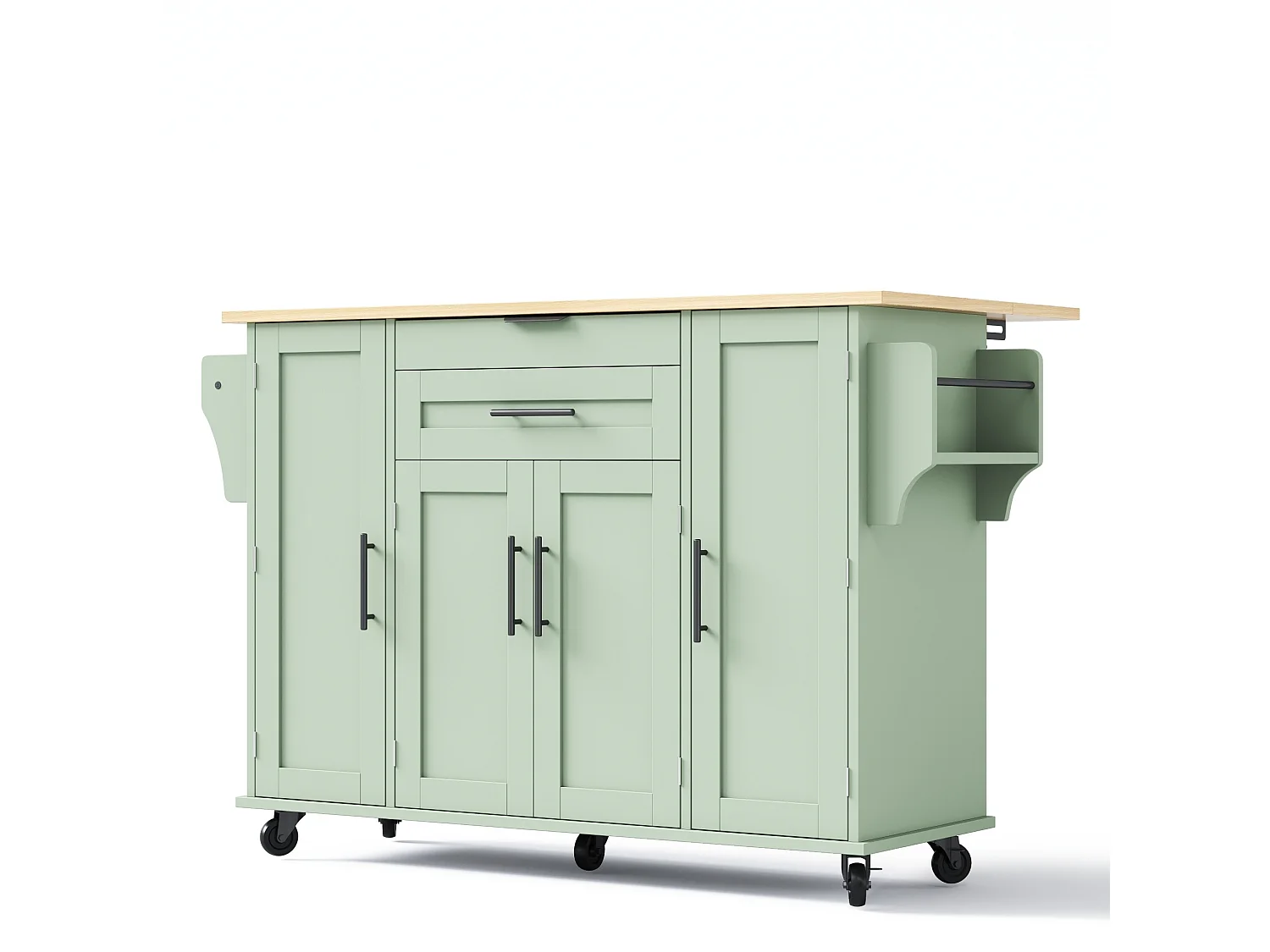 Verrijdbaar keukeneiland 136 x 45 (70) cm met handdoekrek, 4 deuren en 2 lades - Groen