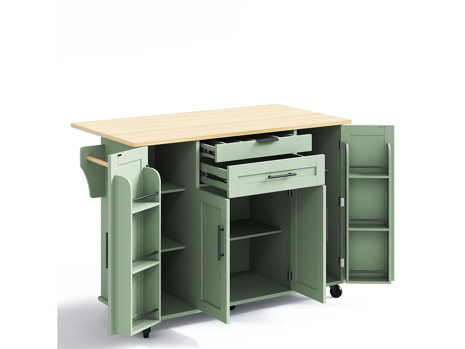 Verrijdbaar keukeneiland 136 x 45 (70) cm met handdoekrek, 4 deuren en 2 lades - Groen
