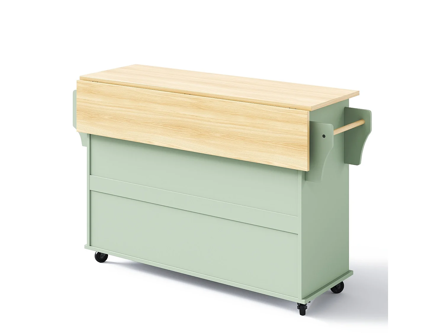Verrijdbaar keukeneiland 136 x 45 (70) cm met handdoekrek, 4 deuren en 2 lades - Groen