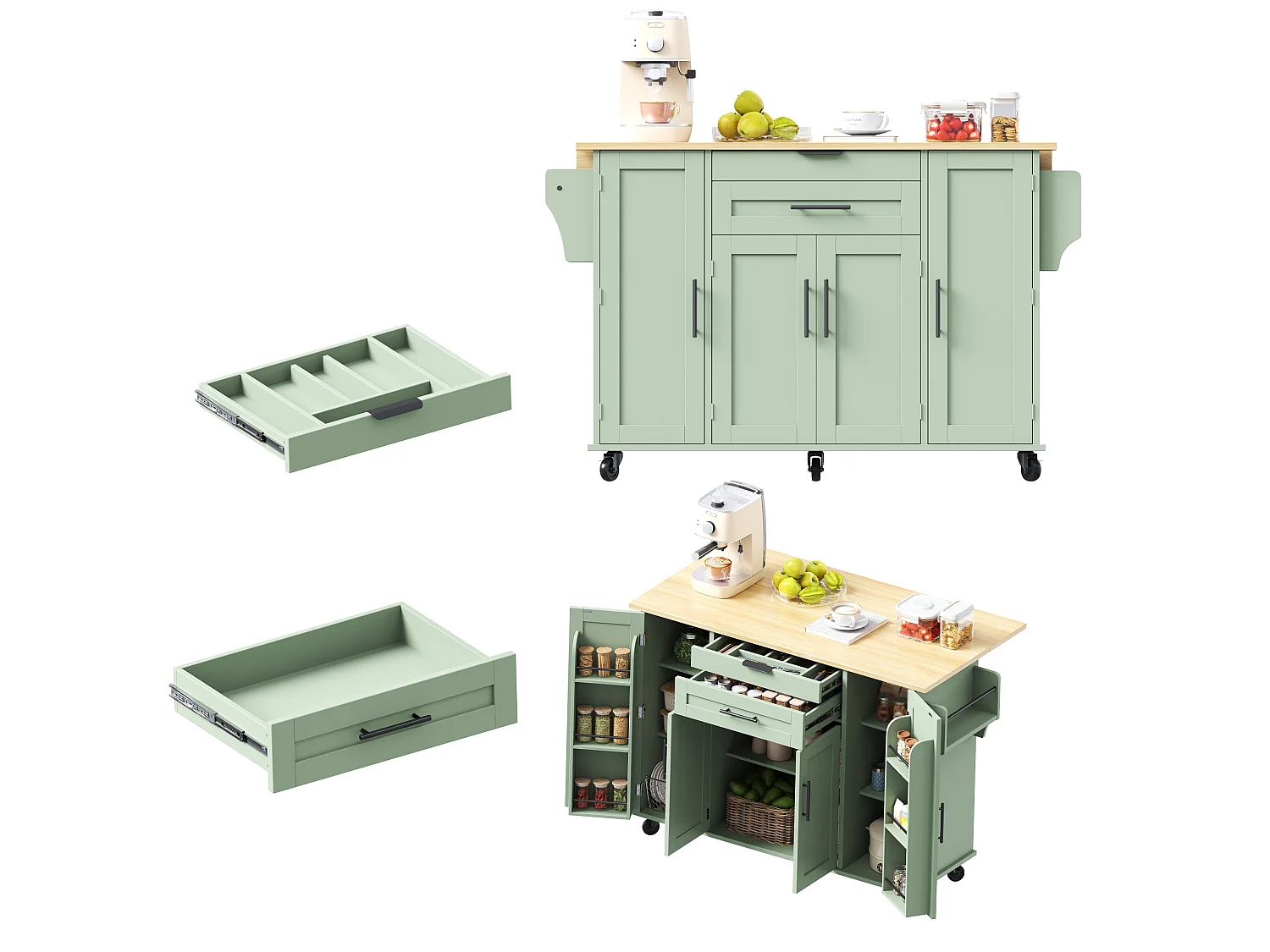 Verrijdbaar keukeneiland 136 x 45 (70) cm met handdoekrek, 4 deuren en 2 lades - Groen
