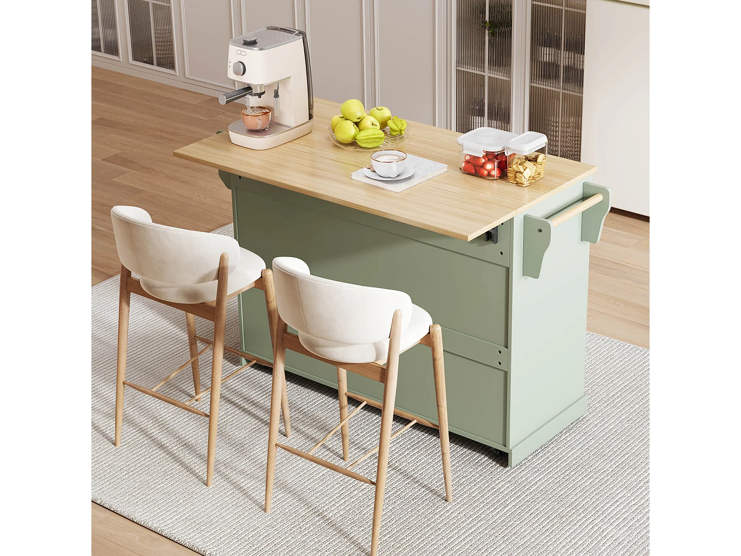 Verrijdbaar keukeneiland 136 x 45 (70) cm met handdoekrek, 4 deuren en 2 lades - Groen