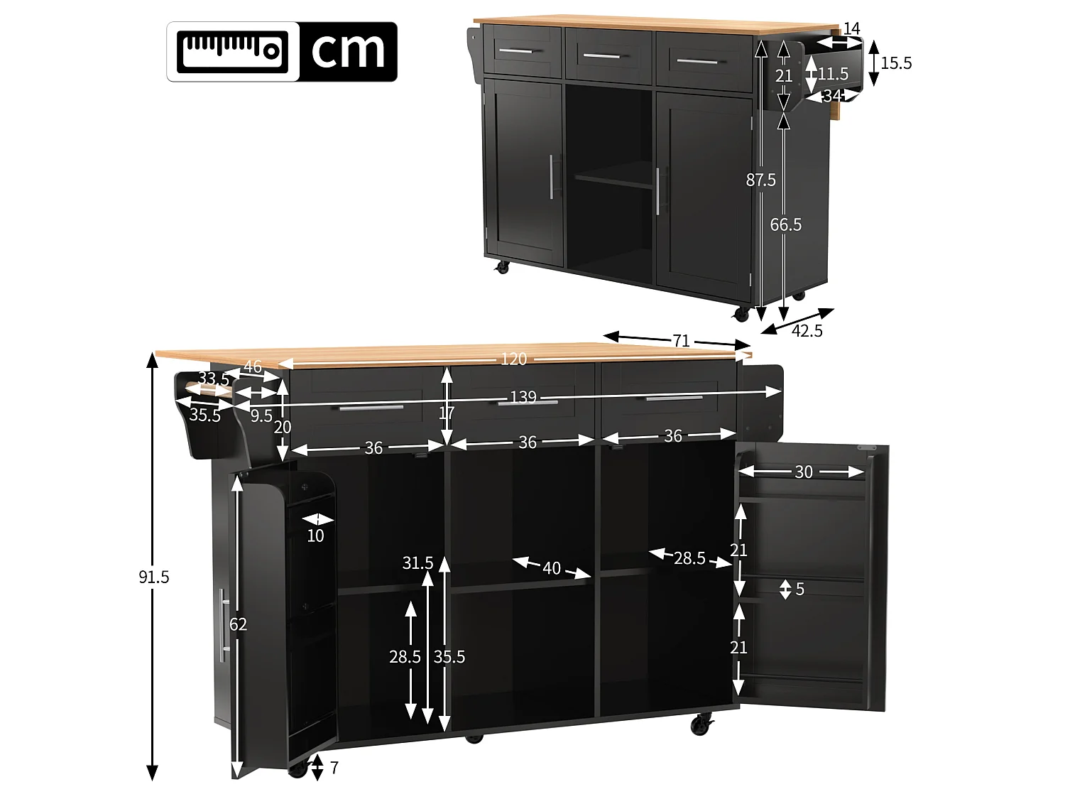 Îlot de cuisine 139 x 46(71) cm sur roulettes avec 2 portes et 3 tiroirs - Noir