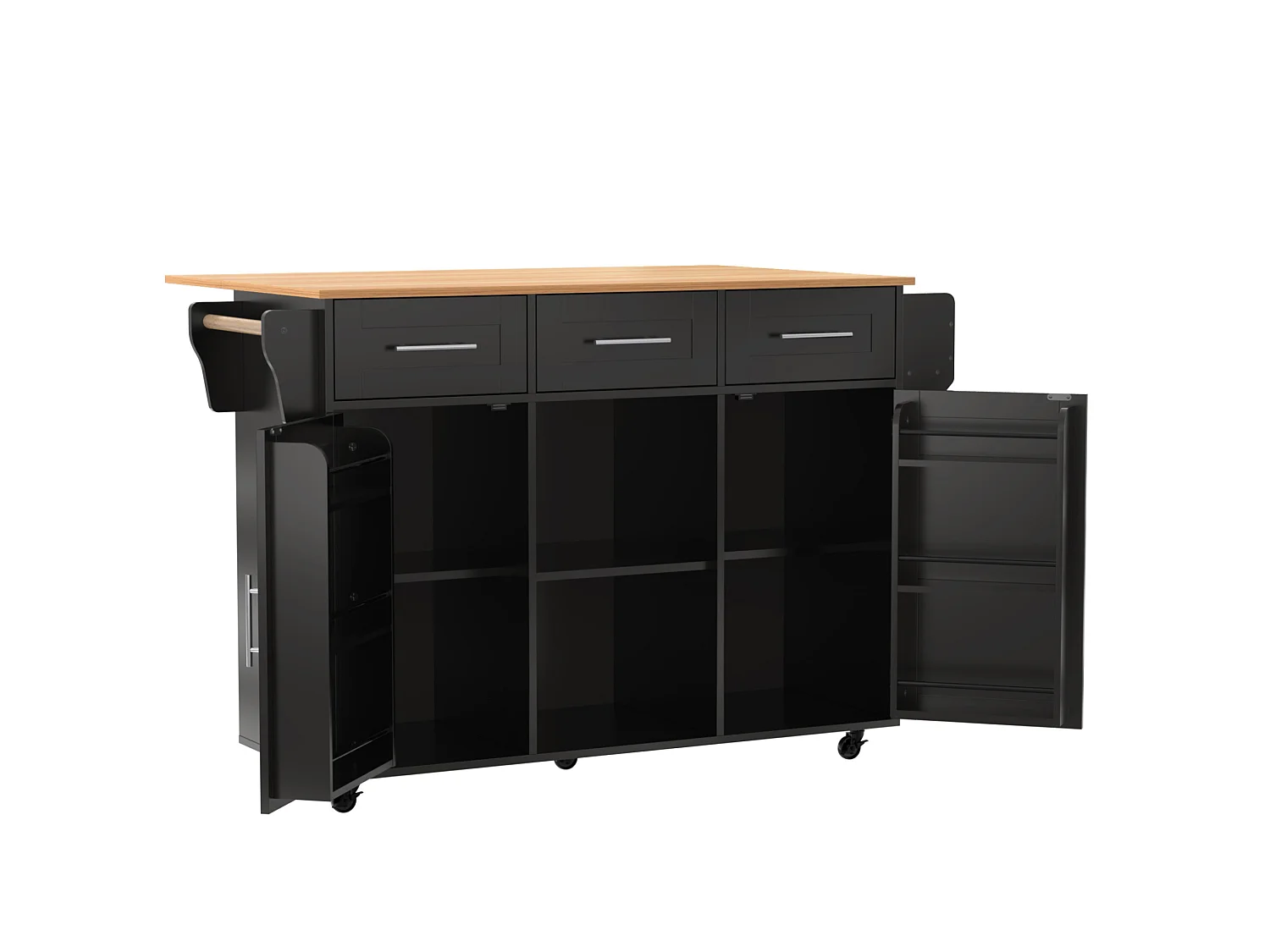 Îlot de cuisine 139 x 46(71) cm sur roulettes avec 2 portes et 3 tiroirs - Noir