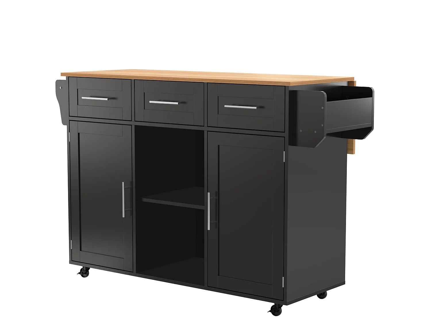 Îlot de cuisine 139 x 46(71) cm sur roulettes avec 2 portes et 3 tiroirs - Noir