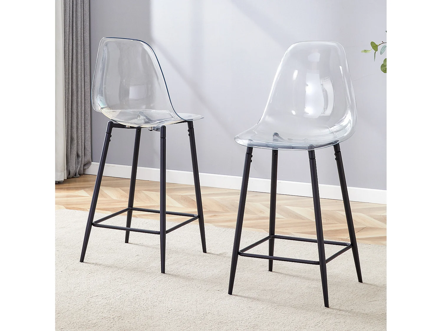 Lot de 2 tabourets de bar transparents avec structure métallique noire