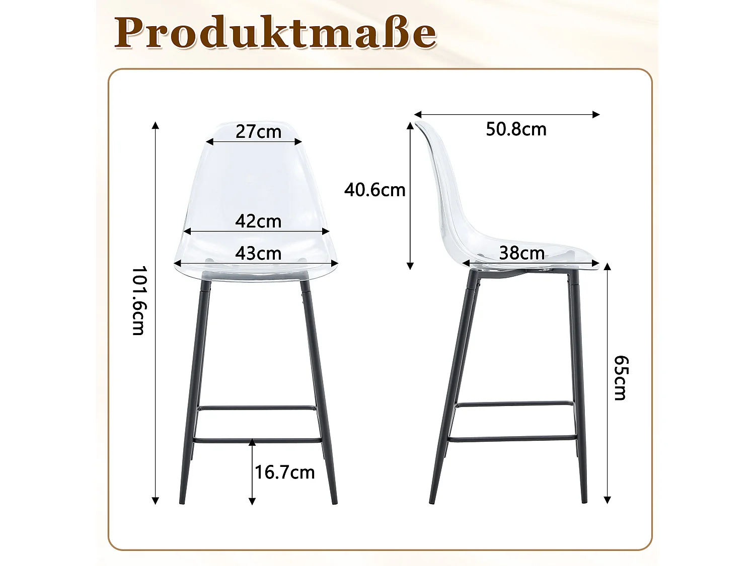 Lot de 2 tabourets de bar transparents avec structure métallique noire