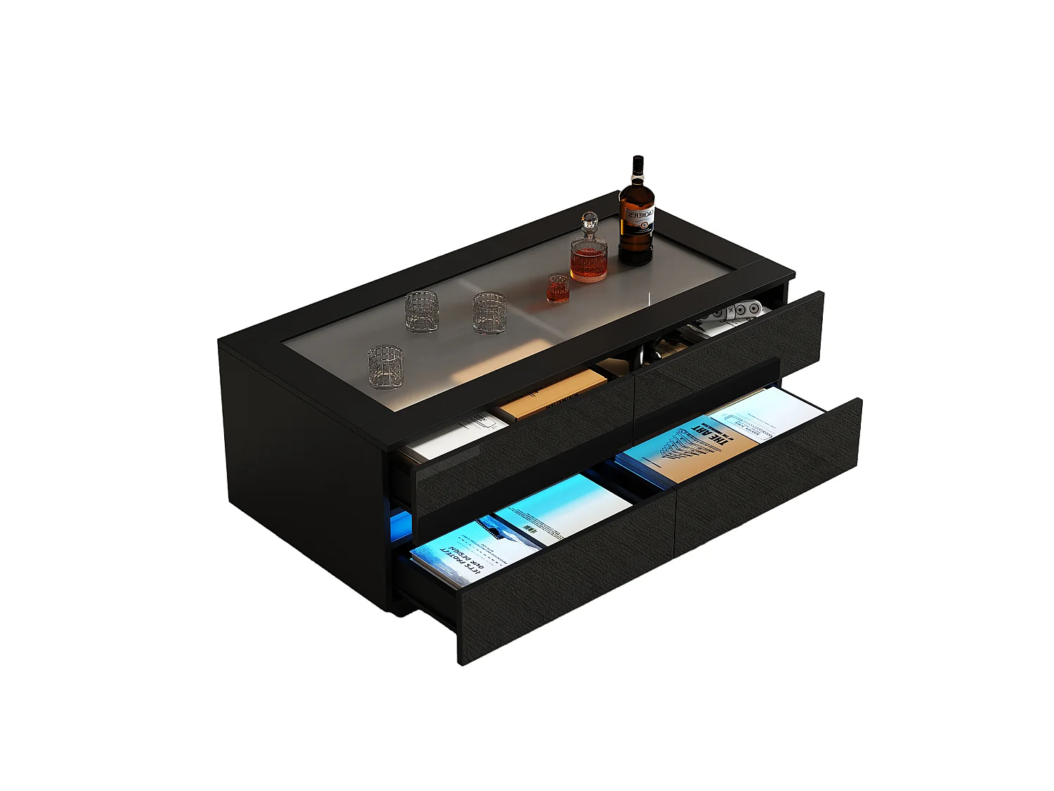 Mesa de centro com 4 gavetas, iluminação LED e tampo em vidro temperado - Preto