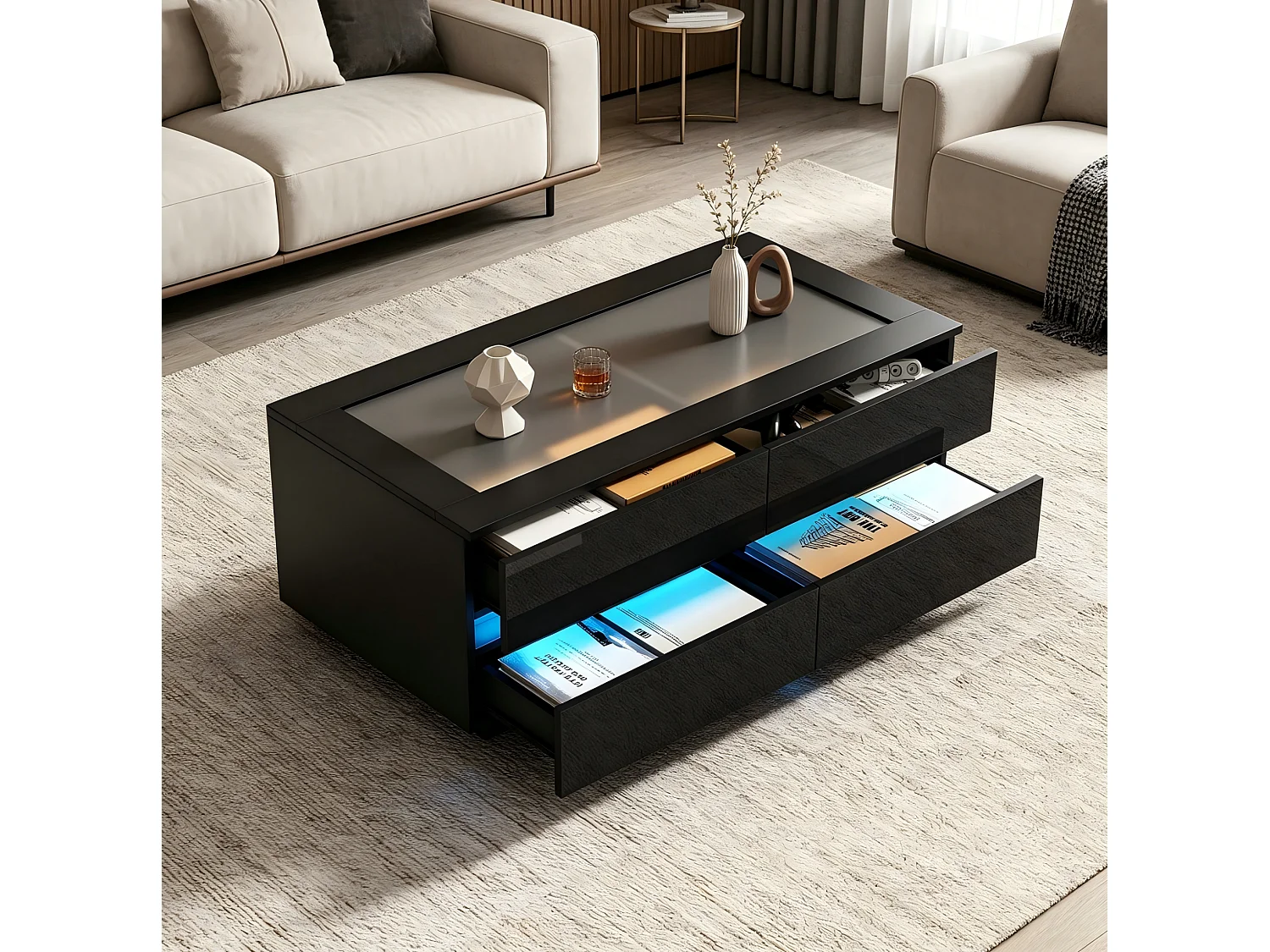 Mesa de centro com 4 gavetas, iluminação LED e tampo em vidro temperado - Preto