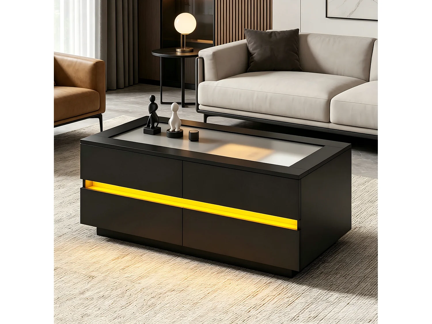 Mesa de centro com 4 gavetas, iluminação LED e tampo em vidro temperado - Preto