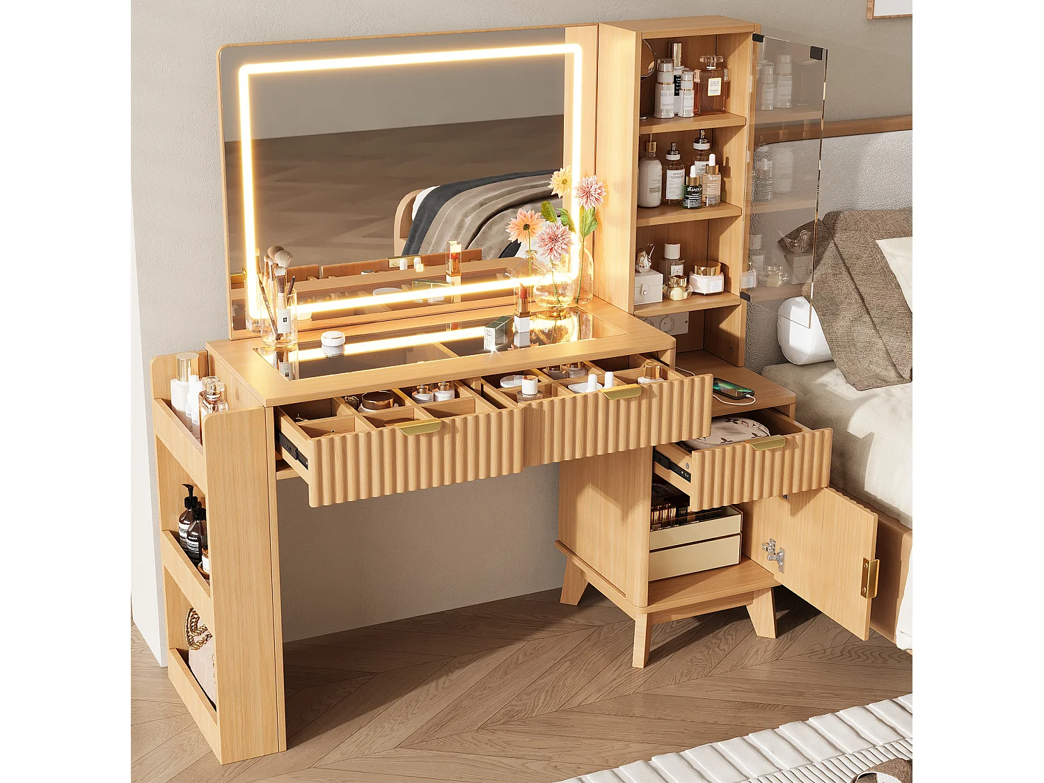 Coiffeuse avec miroir LED, ports USB/Type-C et 3 tiroirs - Couleur bois