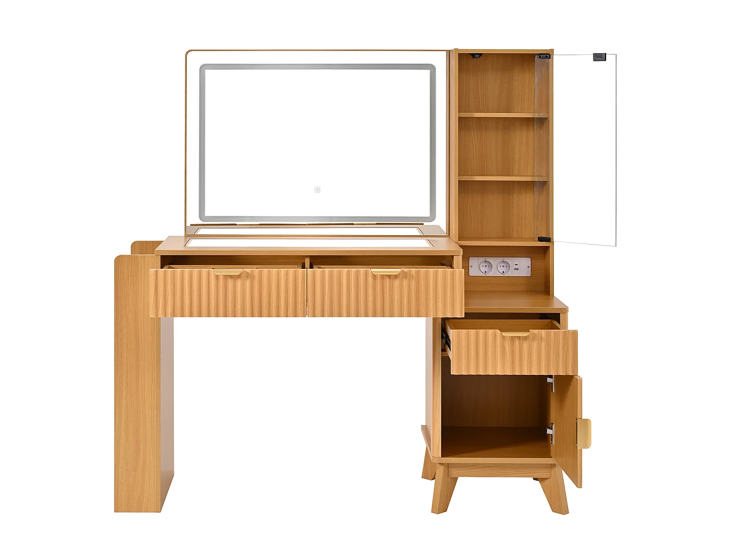 Coiffeuse avec miroir LED, ports USB/Type-C et 3 tiroirs - Couleur bois