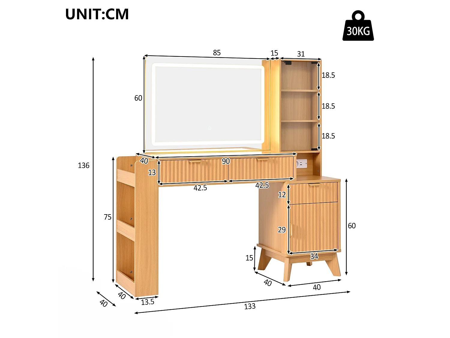 Coiffeuse avec miroir LED, ports USB/Type-C et 3 tiroirs - Couleur bois