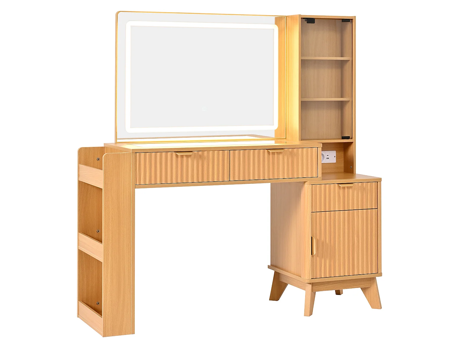 Coiffeuse avec miroir LED, ports USB/Type-C et 3 tiroirs - Couleur bois
