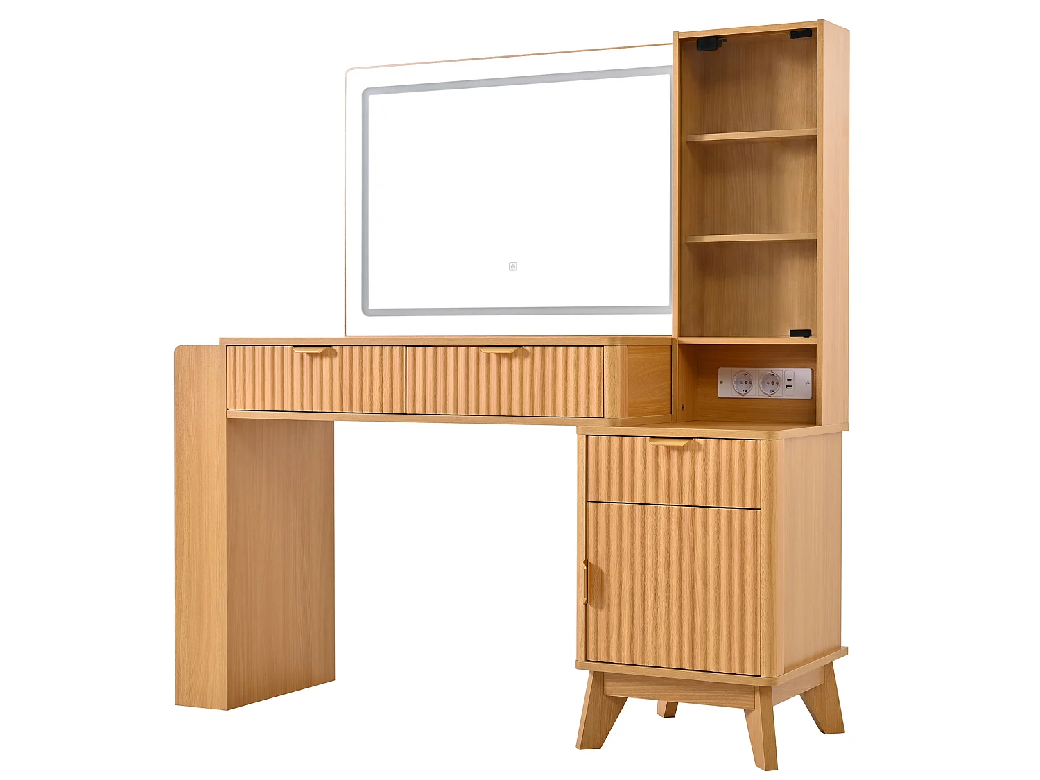 Coiffeuse avec miroir LED, ports USB/Type-C et 3 tiroirs - Couleur bois