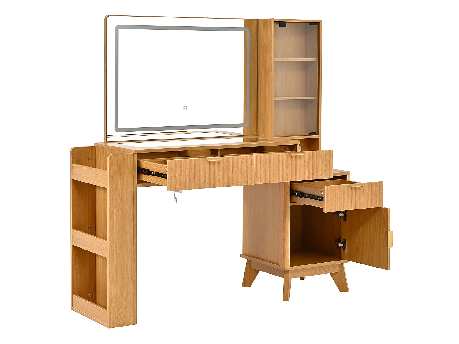 Coiffeuse avec miroir LED, ports USB/Type-C et 3 tiroirs - Couleur bois