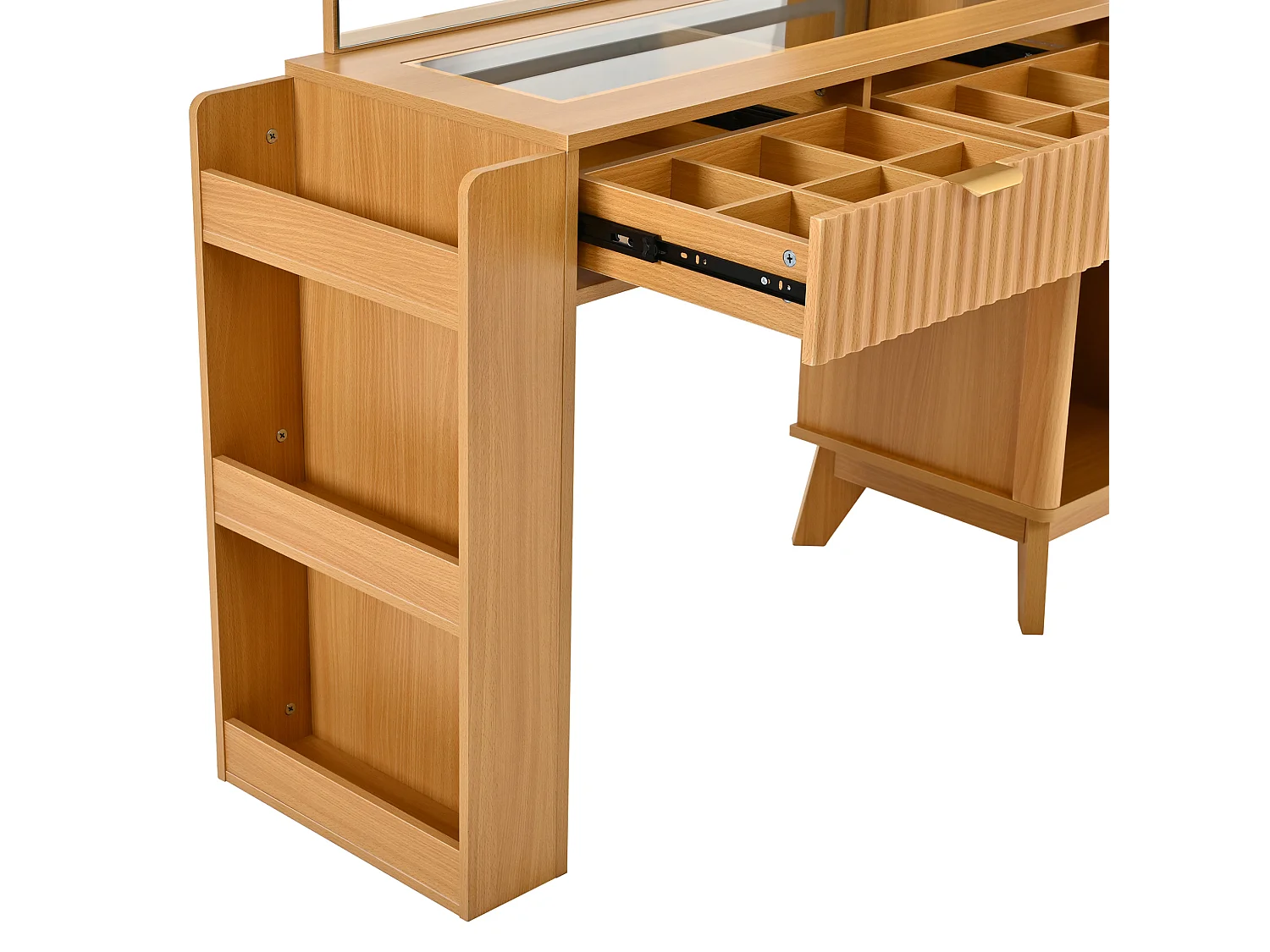 Coiffeuse avec miroir LED, ports USB/Type-C et 3 tiroirs - Couleur bois