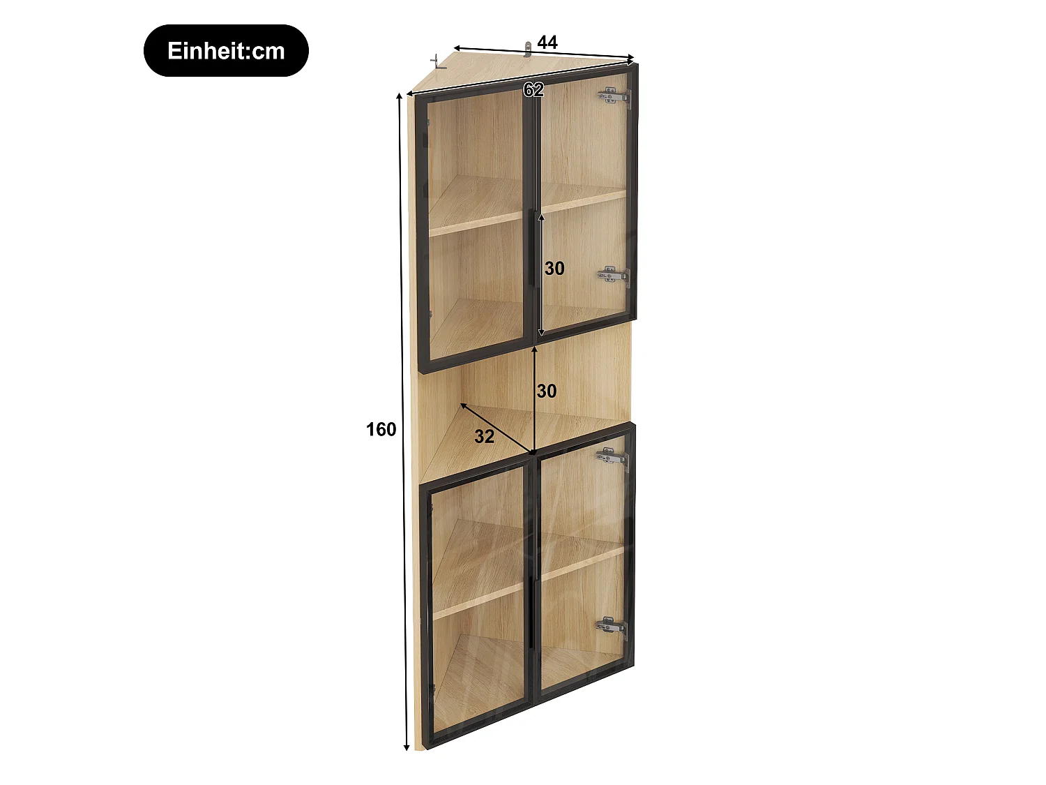 Vitrine d'angle triangulaire 62 x 32 x 160 cm avec LED et portes en verre - Couleur bois