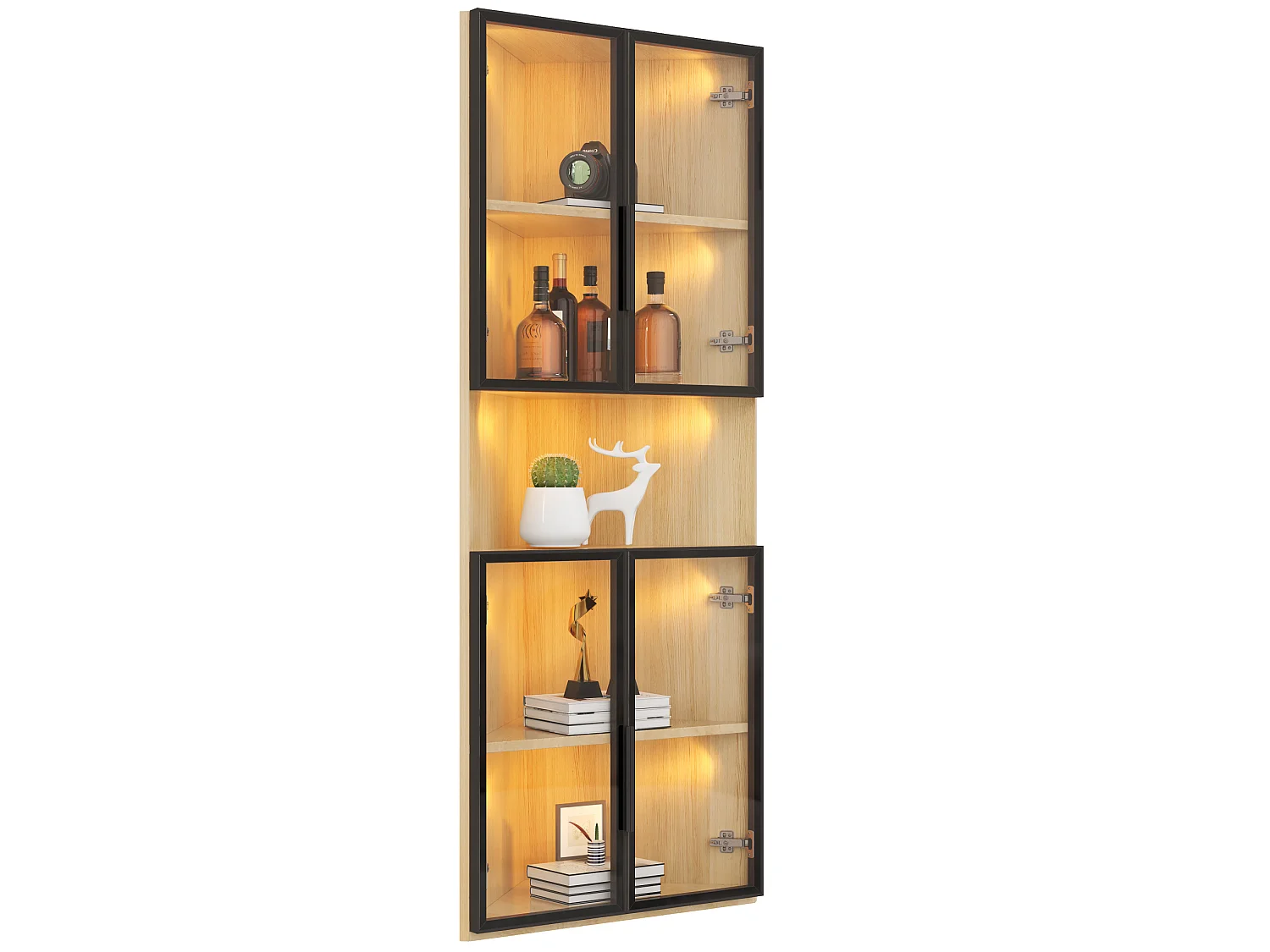 Vitrine d'angle triangulaire 62 x 32 x 160 cm avec LED et portes en verre - Couleur bois