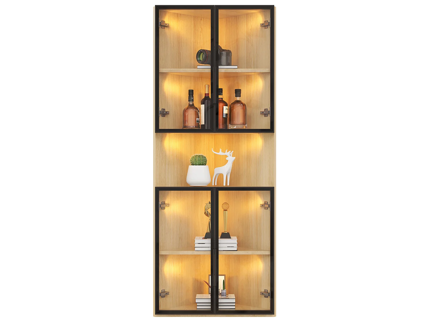 Vitrine d'angle triangulaire 62 x 32 x 160 cm avec LED et portes en verre - Couleur bois