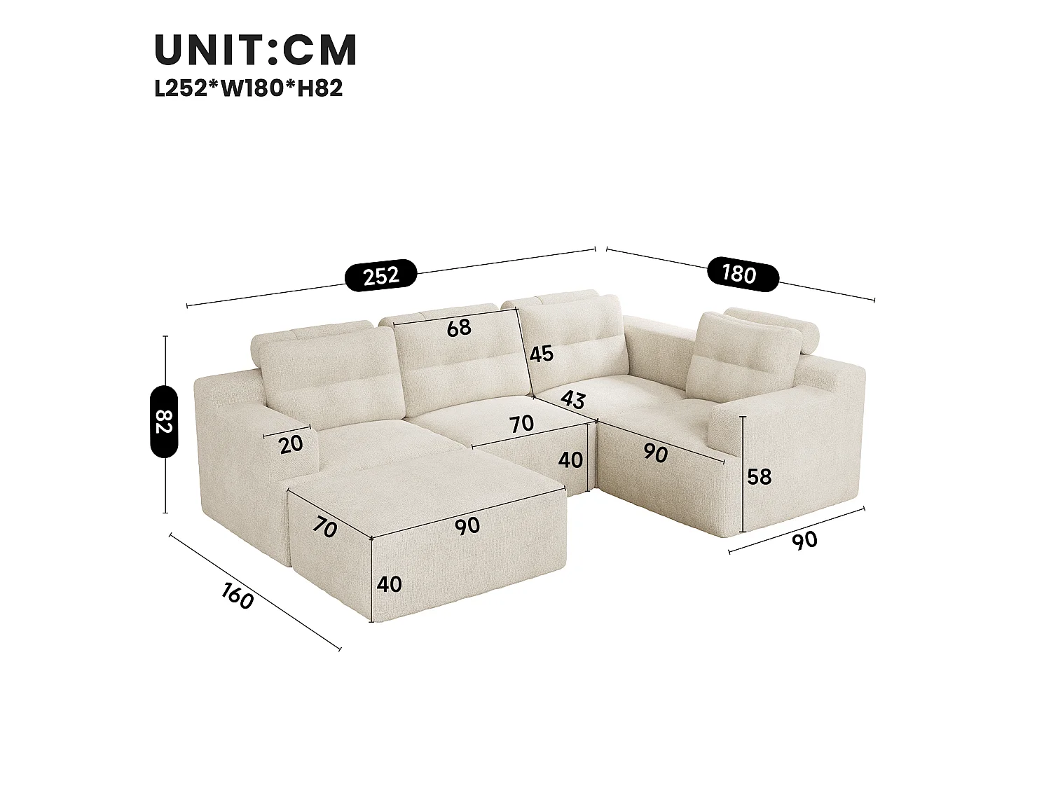 Modulaire 5-zits hoekbank in chenille met poef, geen montage nodig - Beige
