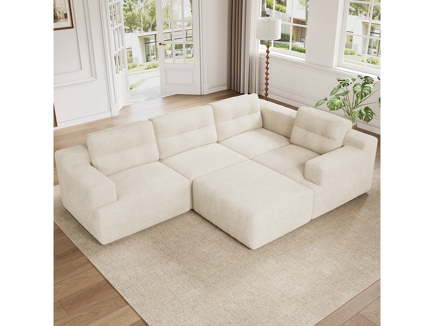 Modulaire 5-zits hoekbank in chenille met poef, geen montage nodig - Beige