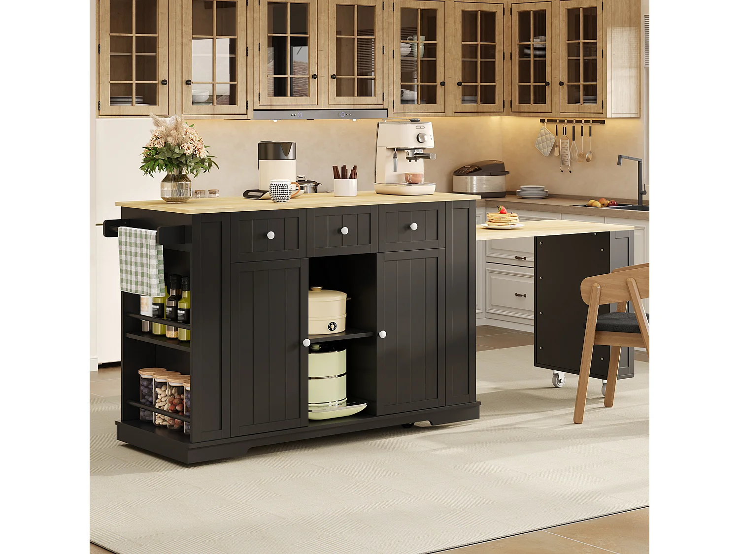 Îlot de cuisine mobile avec prises USB, 2 portes et 3 tiroirs - Noir