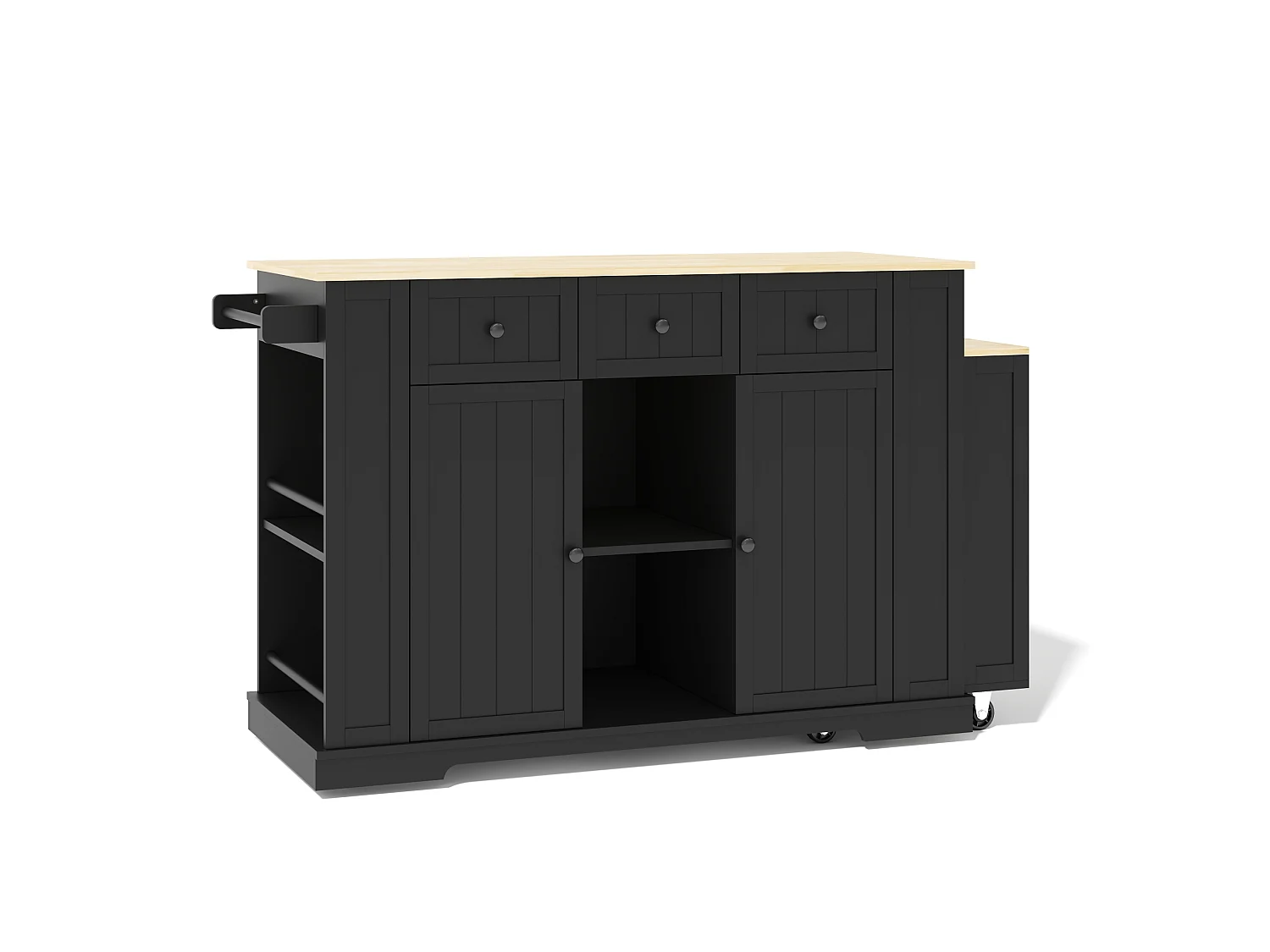 Îlot de cuisine mobile avec prises USB, 2 portes et 3 tiroirs - Noir