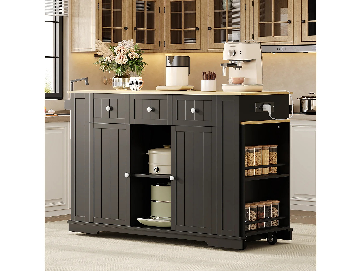 Îlot de cuisine mobile avec prises USB, 2 portes et 3 tiroirs - Noir