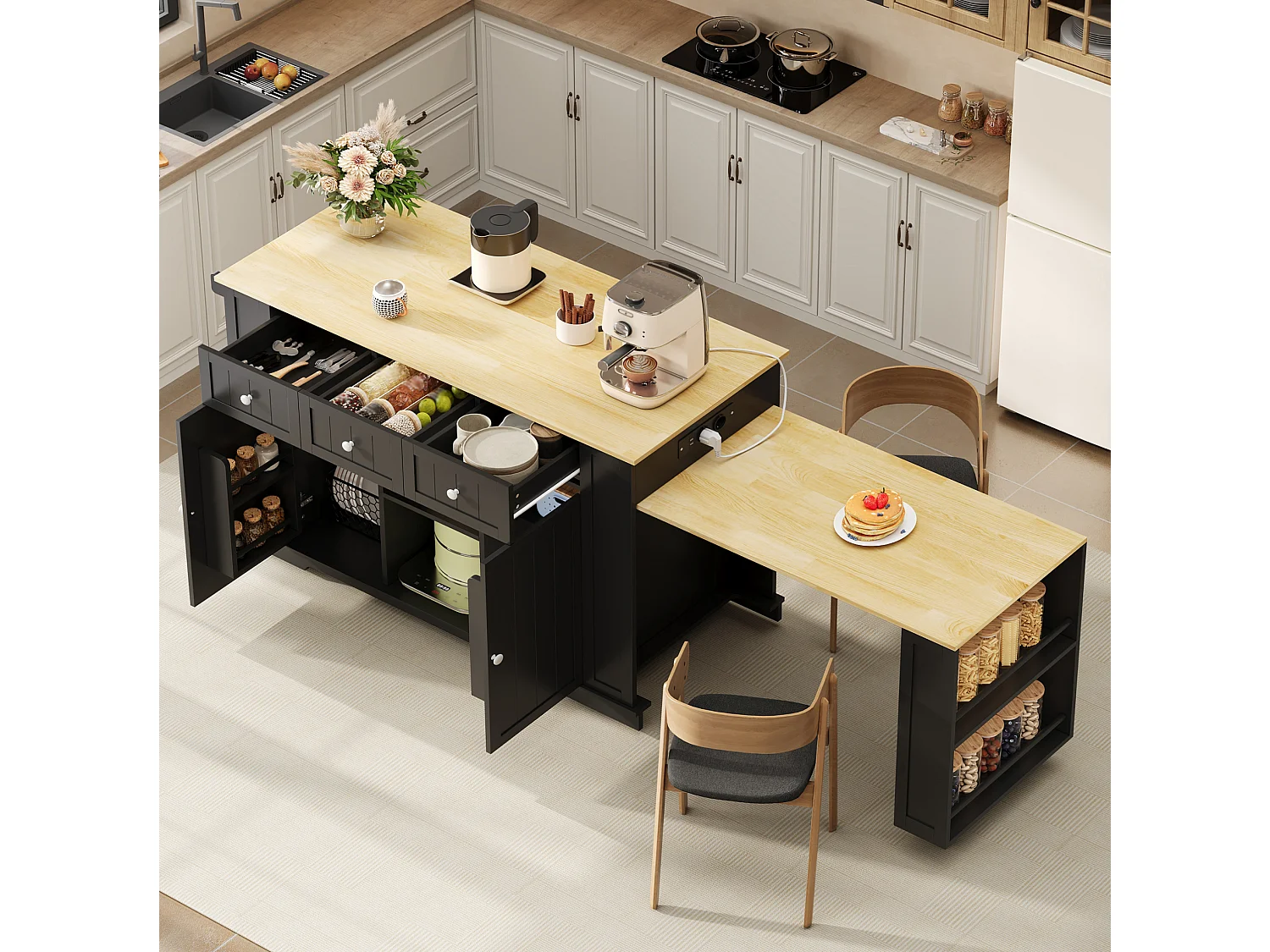 Îlot de cuisine mobile avec prises USB, 2 portes et 3 tiroirs - Noir