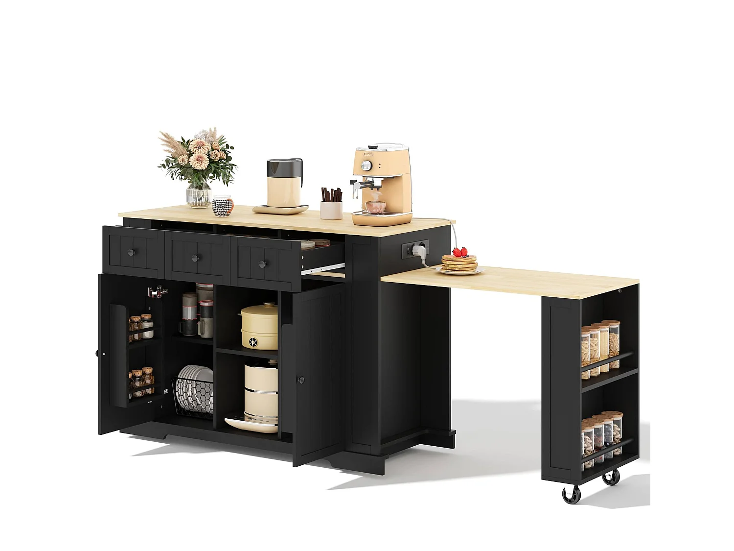 Îlot de cuisine mobile avec prises USB, 2 portes et 3 tiroirs - Noir