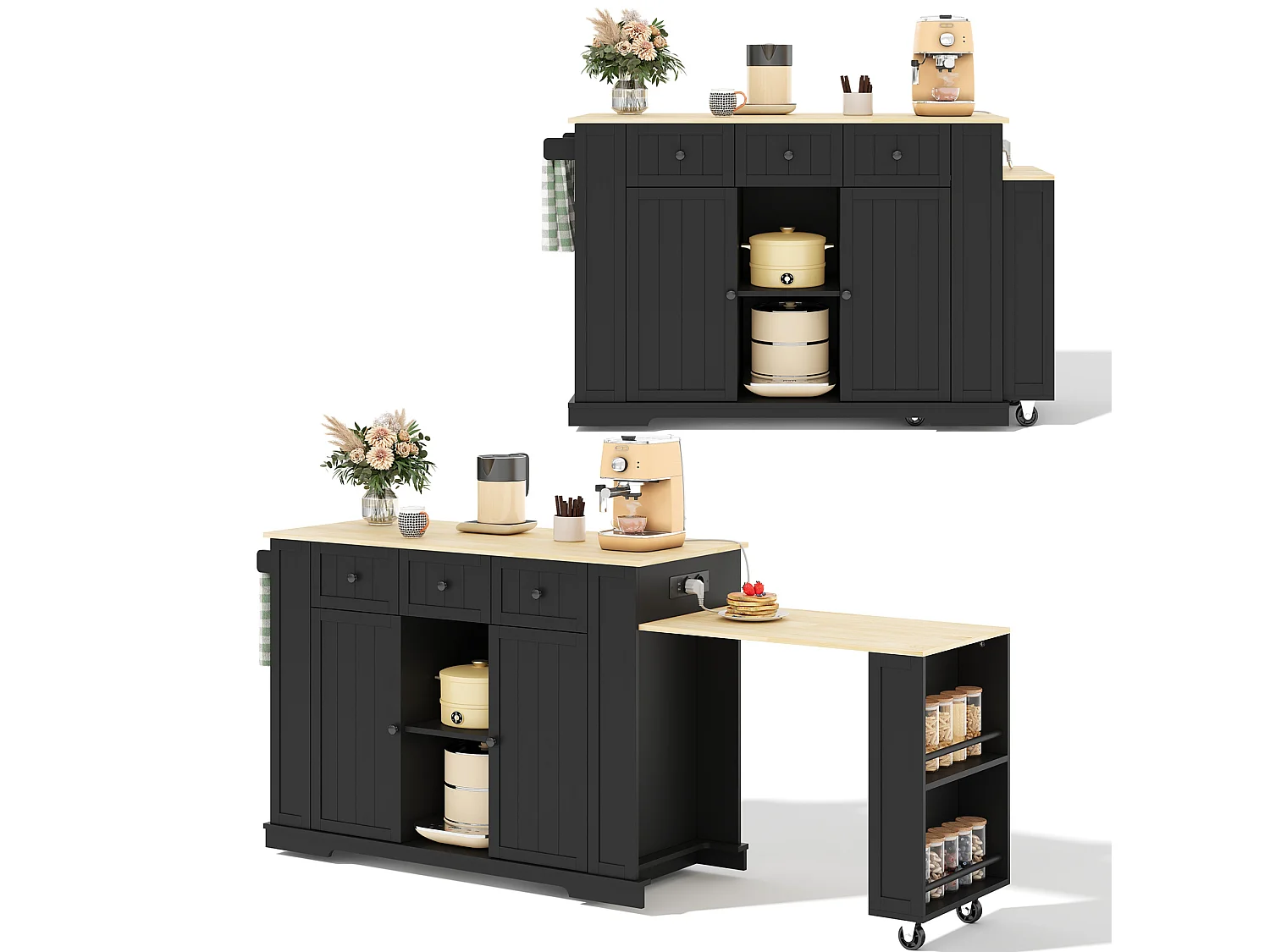 Îlot de cuisine mobile avec prises USB, 2 portes et 3 tiroirs - Noir