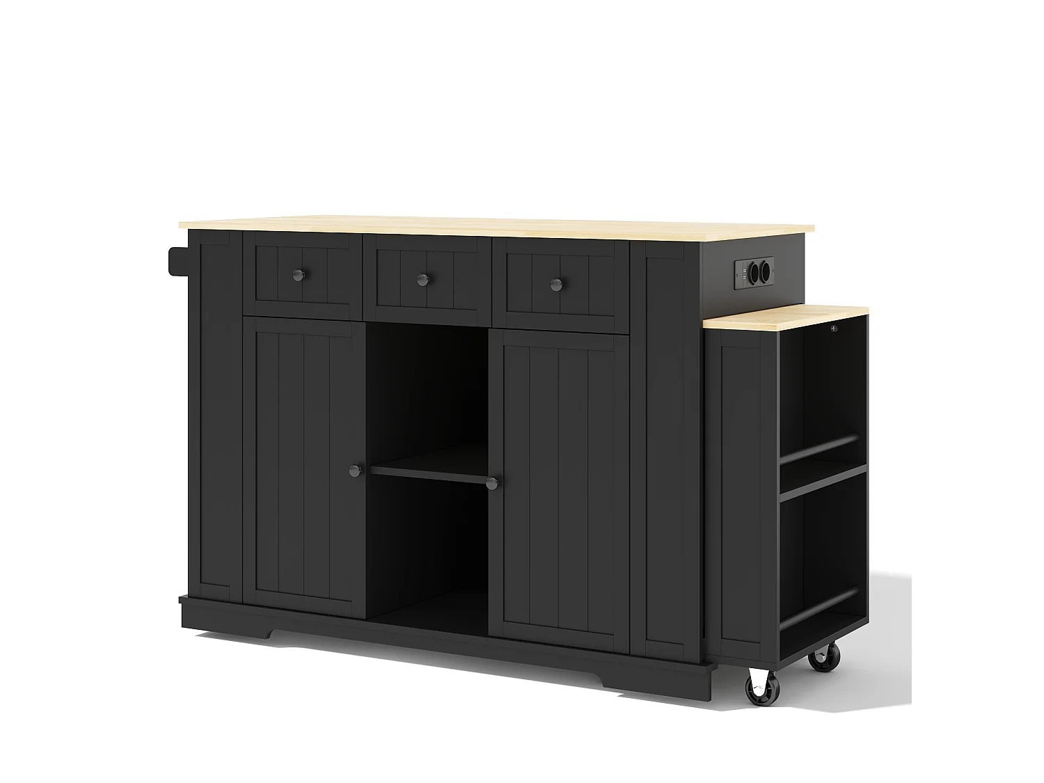 Îlot de cuisine mobile avec prises USB, 2 portes et 3 tiroirs - Noir