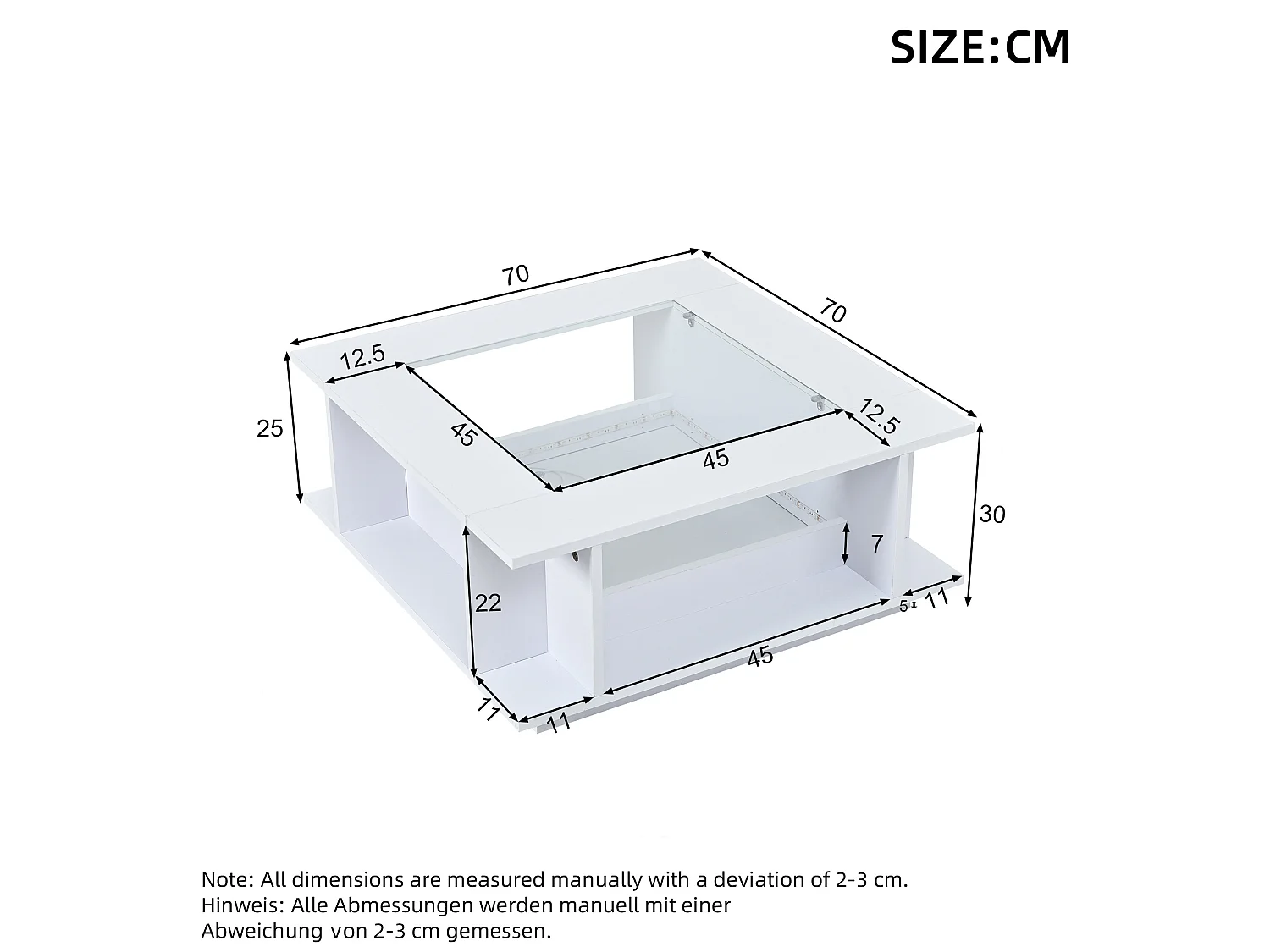 Table basse carrée 70x70 cm blanche brillante avec plateau en verre et LED