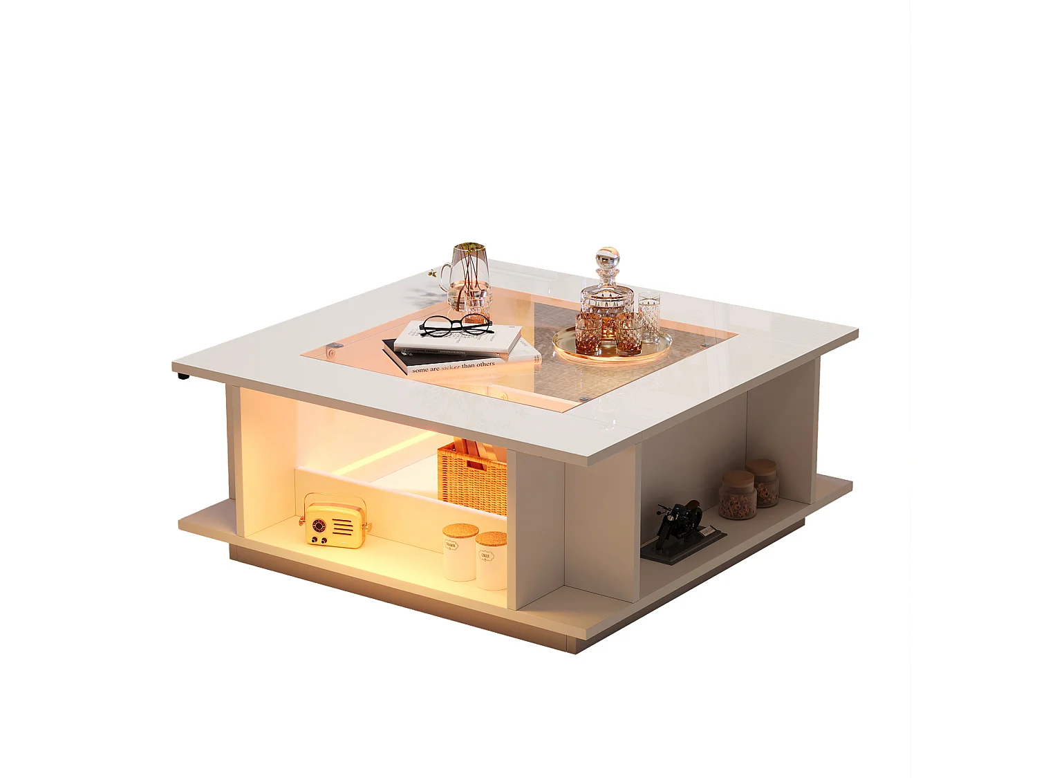 Table basse carrée 70x70 cm blanche brillante avec plateau en verre et LED