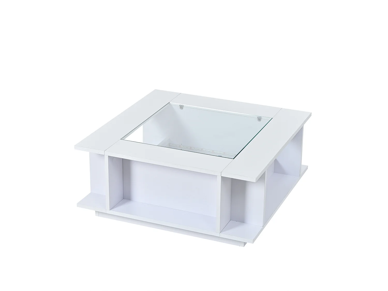 Table basse carrée 70x70 cm blanche brillante avec plateau en verre et LED