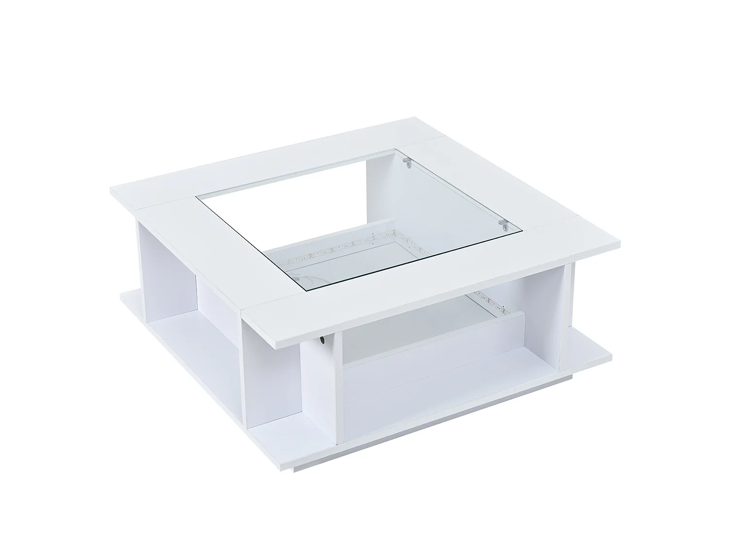 Table basse carrée 70x70 cm blanche brillante avec plateau en verre et LED