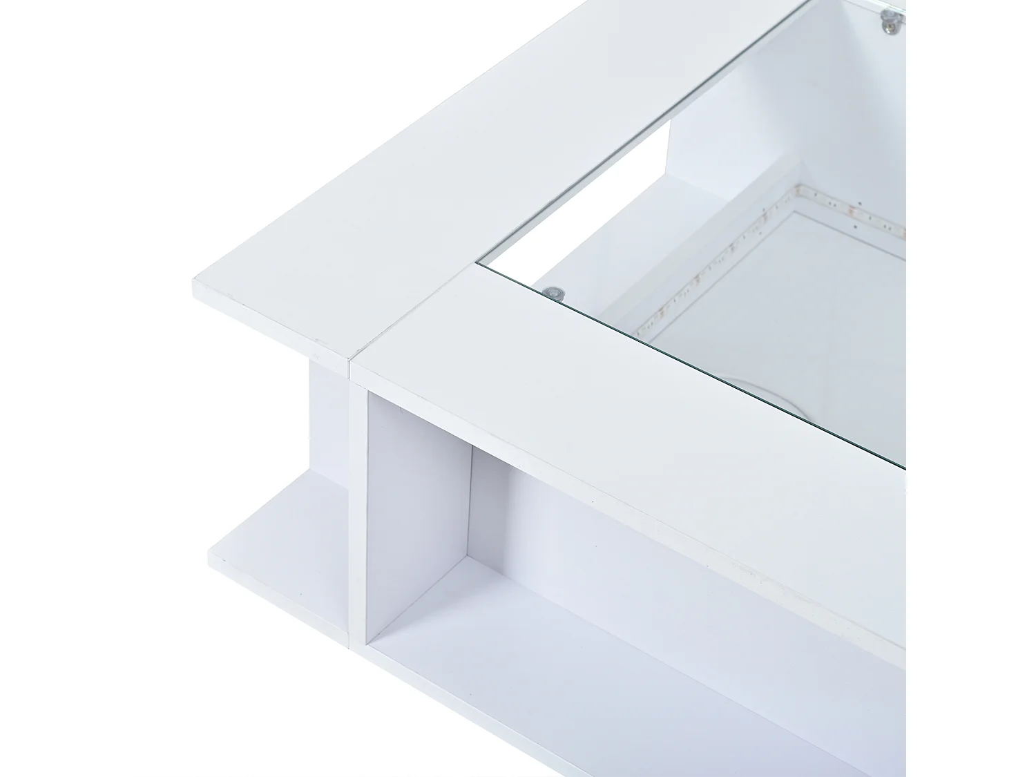 Table basse carrée 70x70 cm blanche brillante avec plateau en verre et LED